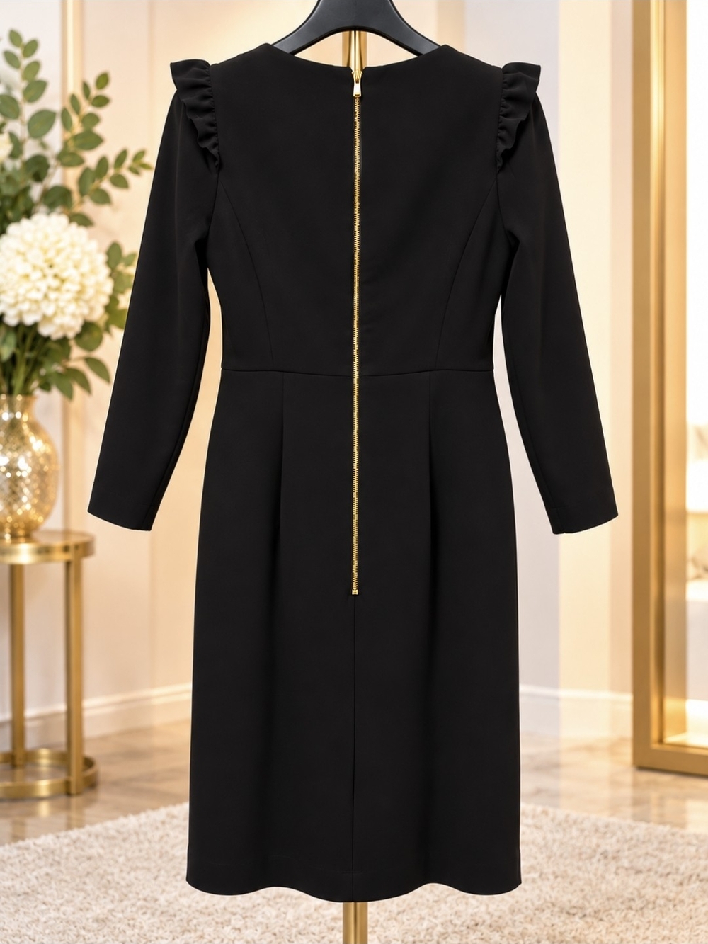 H&M Black Long-Sleeve Ruffle-Shoulder Dress with Gold Zipper